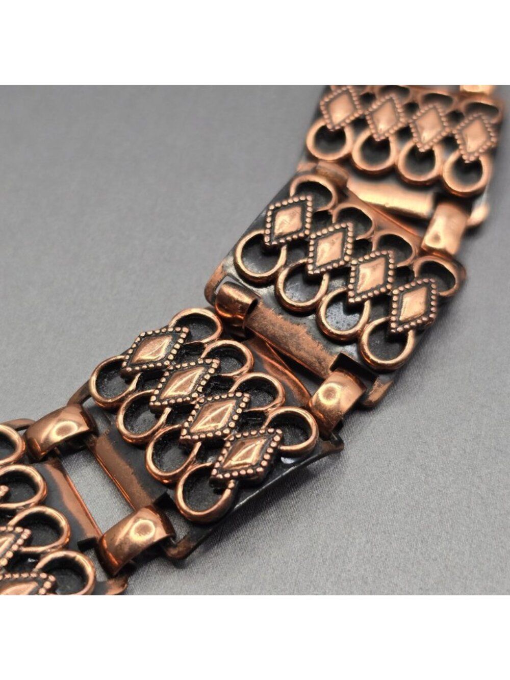 Vintage Copper Filigree Panel Bracelet 7" Wide Boho Geometric Link Statement - Picture 4 of 12